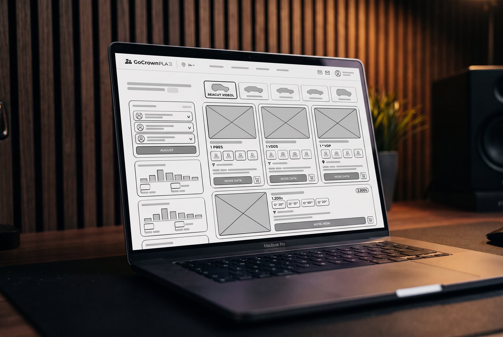 Notebook exibindo o wireframe de um site em desenvolvimento